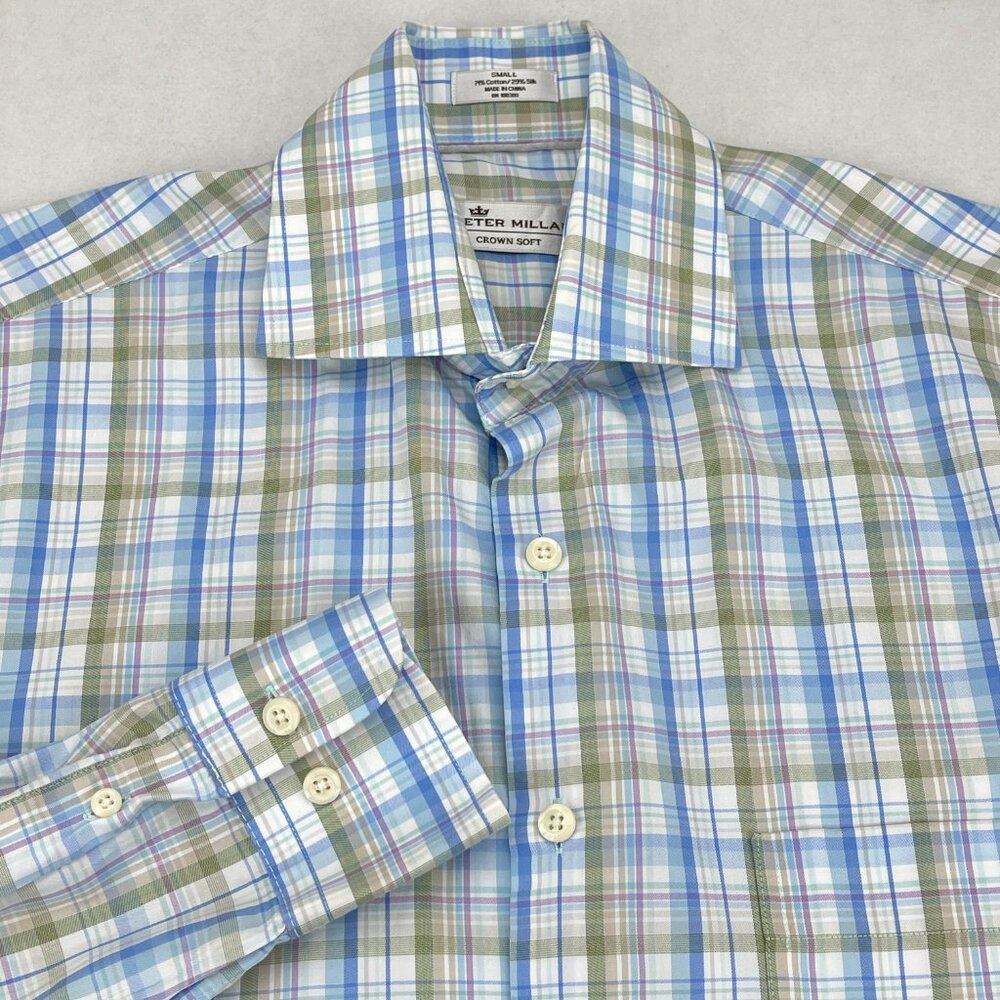 Peter Millar Crown Soft Shirt Mens Small Blue Plaid Cotton Silk Long Sleeve